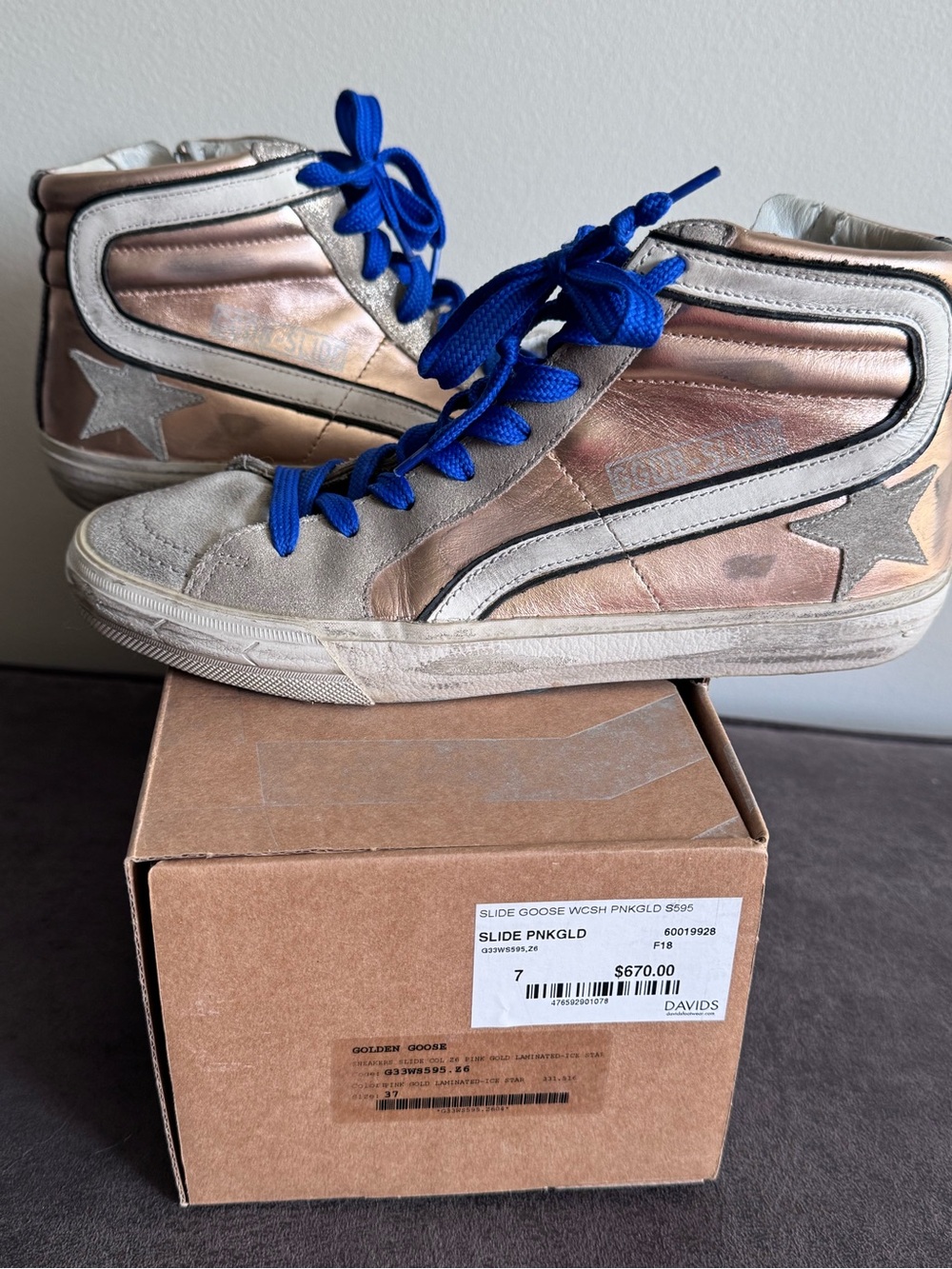 Golden Goose Metallic Pink High-Top Sneakers with Bright Blue Laces